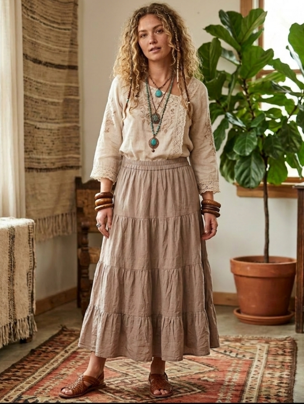 Jessica Light Brown Layered Ruffle Boho Chic Skirt Size 12